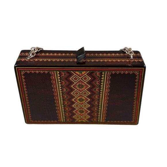 Carved Wooden Box Purse Chain Handles Fabric Lined Vintage Tiki Boho Hippie - Picture 2 of 9